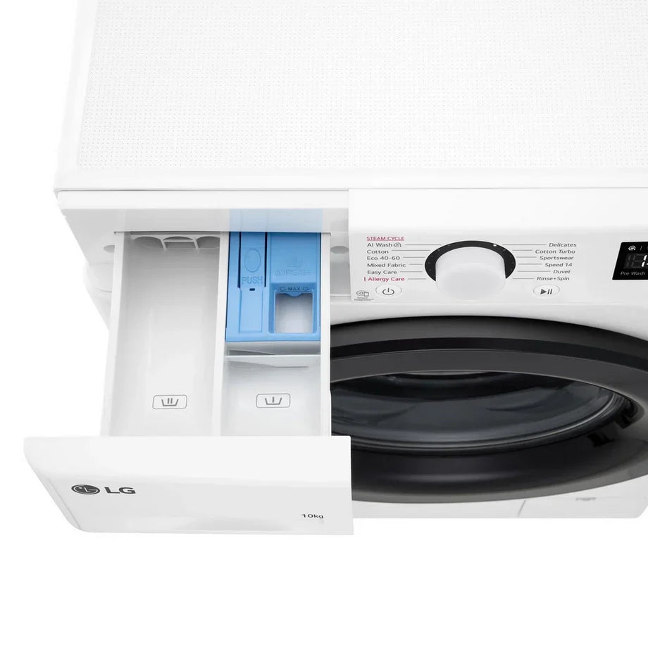 LG F4Y510WBLN1 10 kg Ångtvättmaskin med 1400 rpm – Vit, fristående, frontladdning, energiklass A